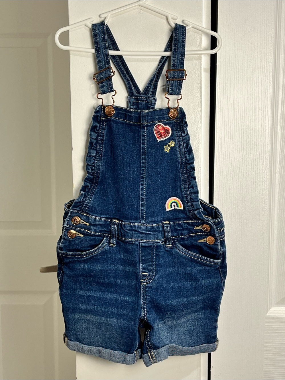 VIGOSS Girls Denim Overall Shorts Adjustable Straps Patches Hippie Farm  Size 6